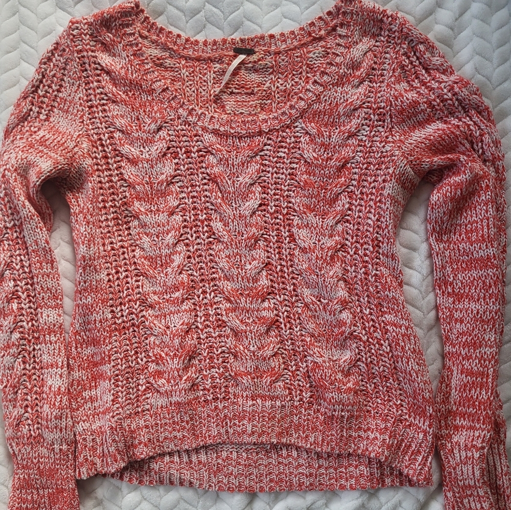 Free People Women's Medium Cableknit Sweater Red and White